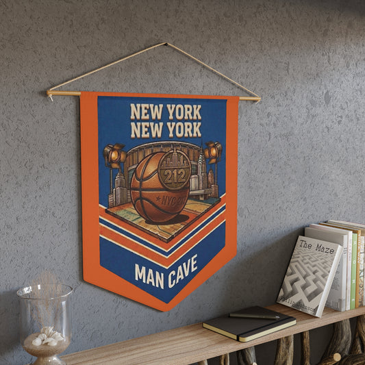 New York Basketball Man Cave Wall Banner — NYC 212 Blue & Orange Pennant Art