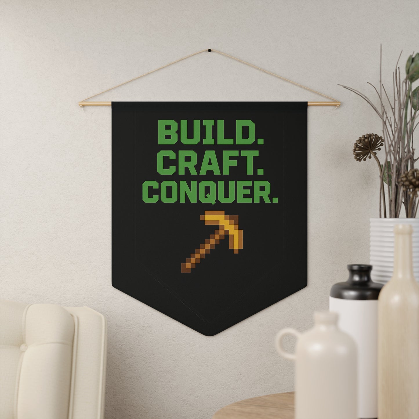 Build. Craft. Conquer. Gamer Wall Banner | Pixel Art Man Cave & Gaming Room Decor
