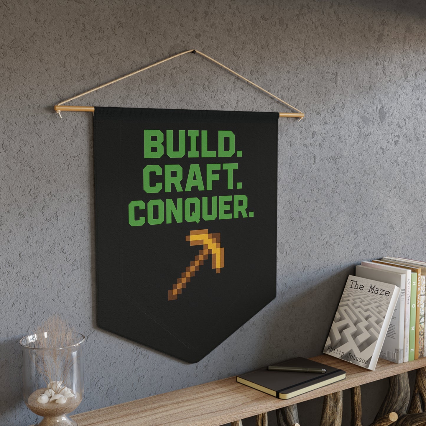 Build. Craft. Conquer. Gamer Wall Banner | Pixel Art Man Cave & Gaming Room Decor