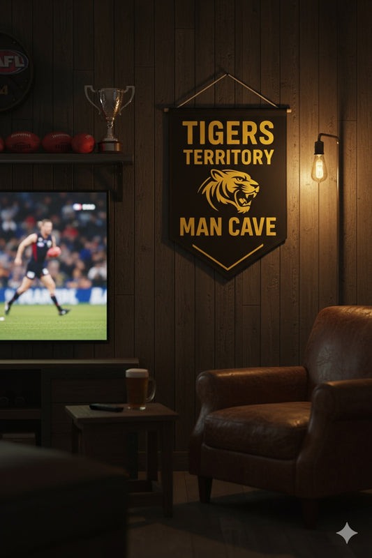Tiger Territory Man Cave Banner | Richmond Fans Black and Gold Wall Art | Vintage AFL Style Decor
