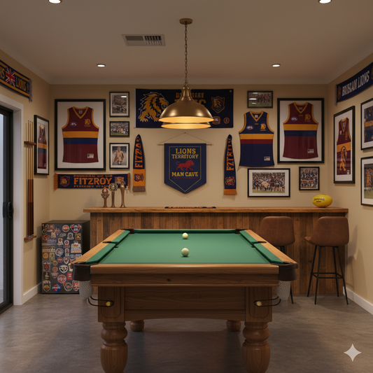Lions Territory Man Cave Banner – Brisbane Lions Inspired AFL Pennant Flag in Fitzroy colours | Vintage Blue, Red and Gold Sports Wall Decor