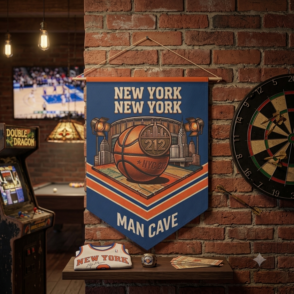 New York Basketball Man Cave Wall Banner — NYC 212 Blue & Orange Pennant Art
