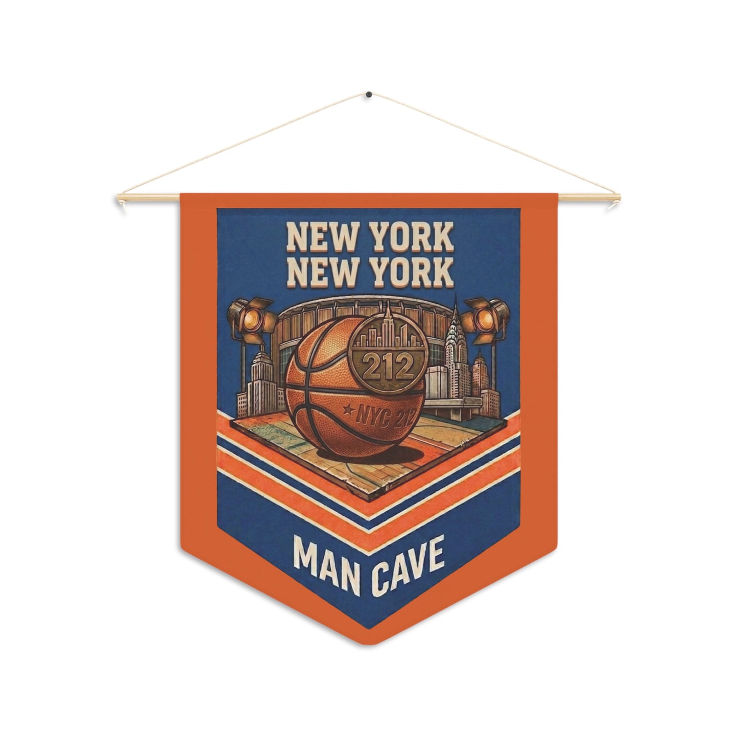 New York Basketball Man Cave Wall Banner — NYC 212 Blue & Orange Pennant Art