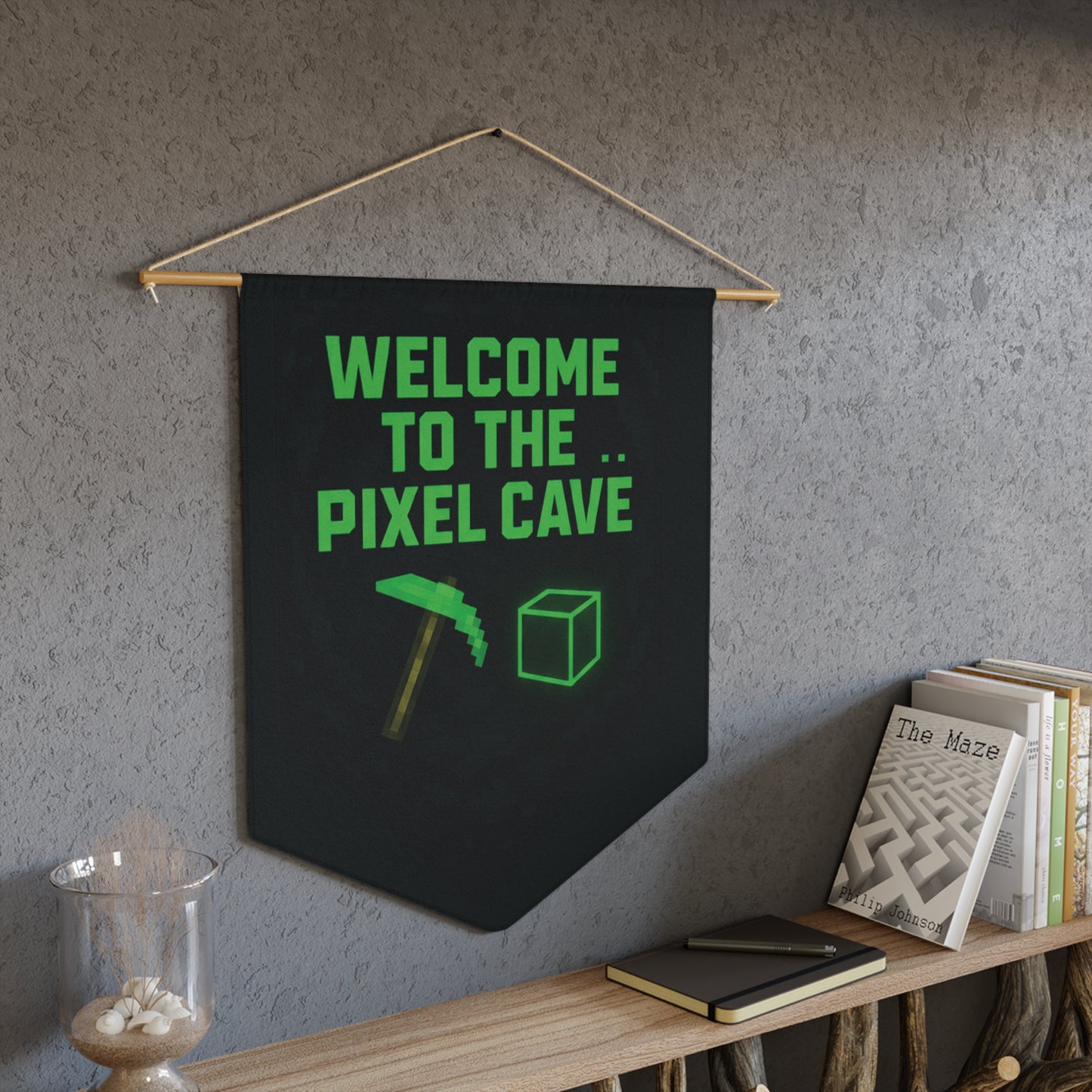 Welcome to the Pixel Cave Gamer Banner – Neon Green Pixel Art Wall Flag for Man Cave, Gaming Room, or Stream Setup
