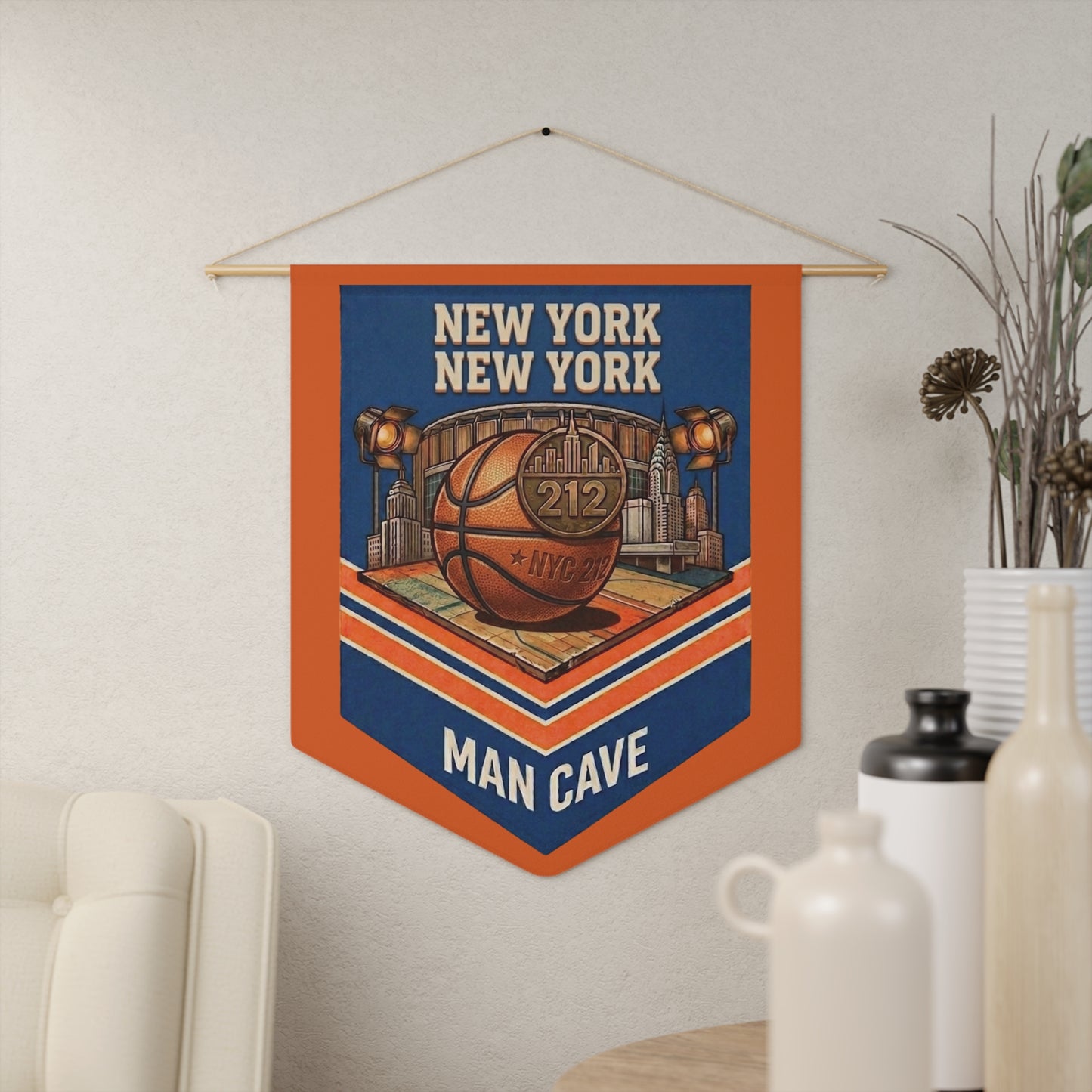 New York Basketball Man Cave Wall Banner — NYC 212 Blue & Orange Pennant Art