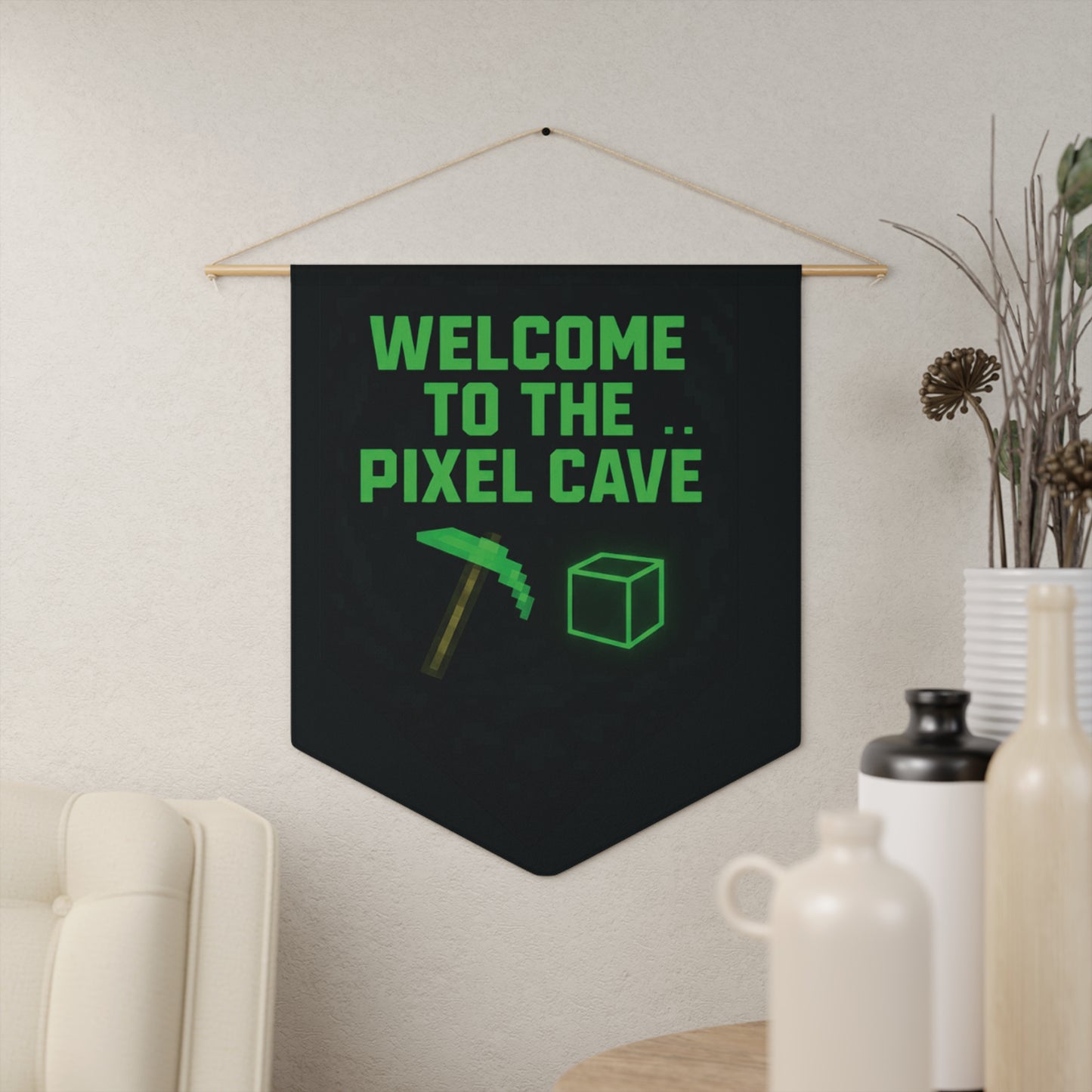 Welcome to the Pixel Cave Gamer Banner – Neon Green Pixel Art Wall Flag for Man Cave, Gaming Room, or Stream Setup