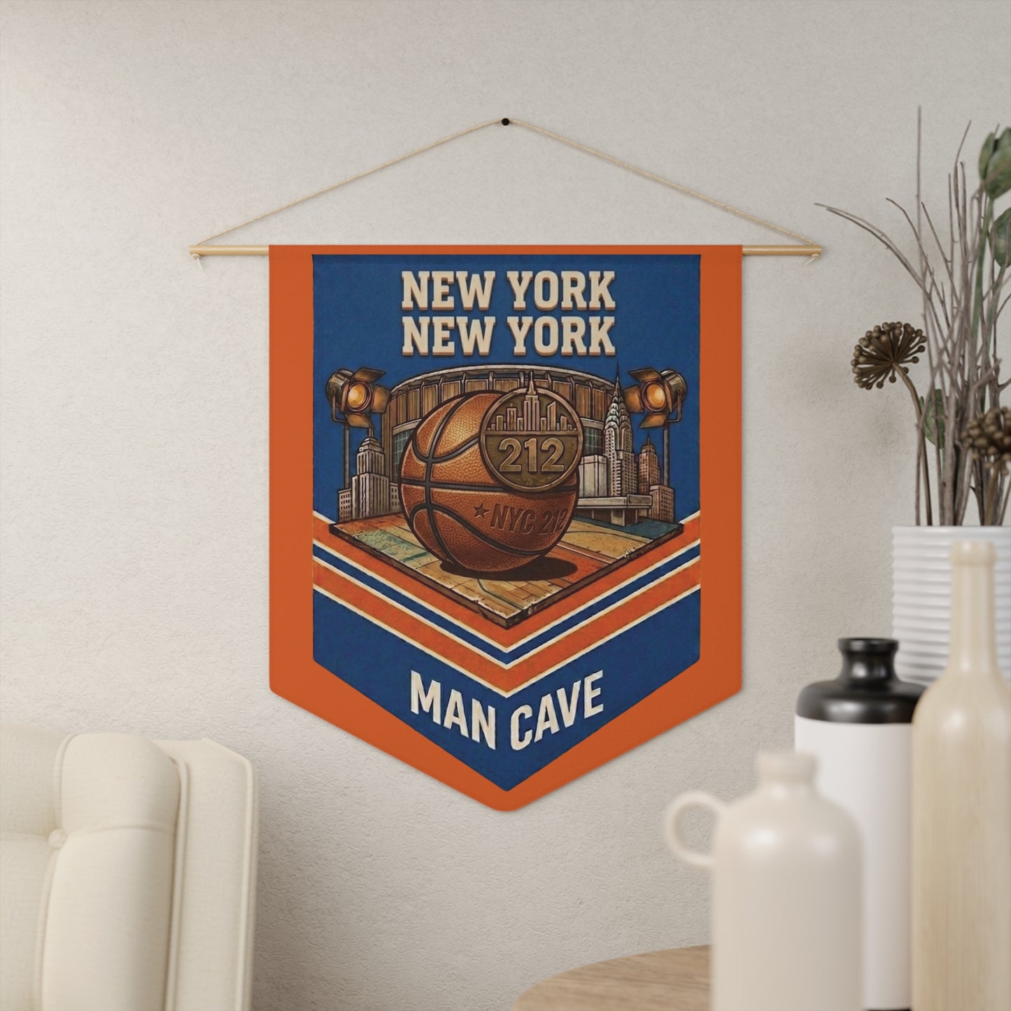 New York Basketball Man Cave Wall Banner — NYC 212 Blue & Orange Pennant Art