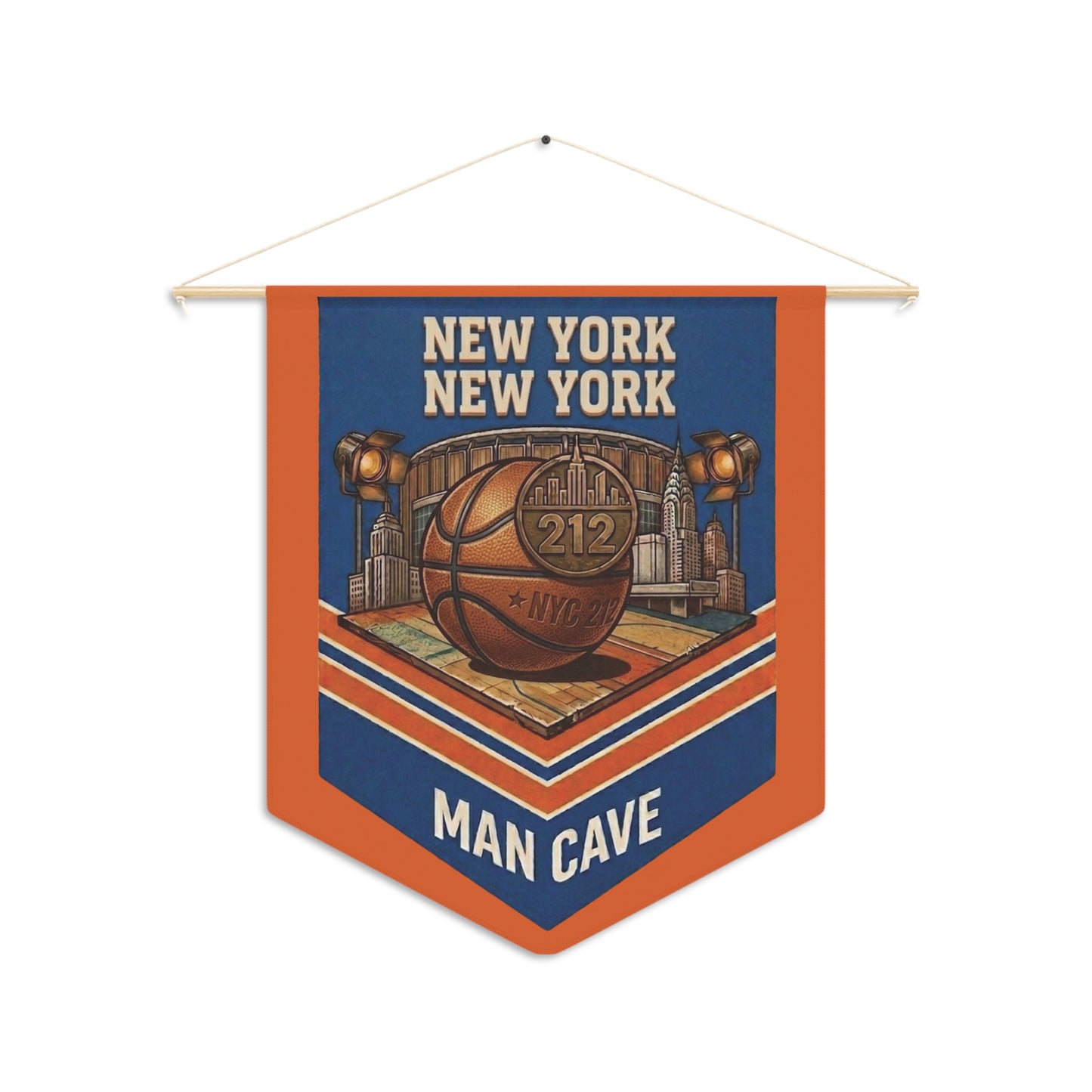 New York Basketball Man Cave Wall Banner — NYC 212 Blue & Orange Pennant Art