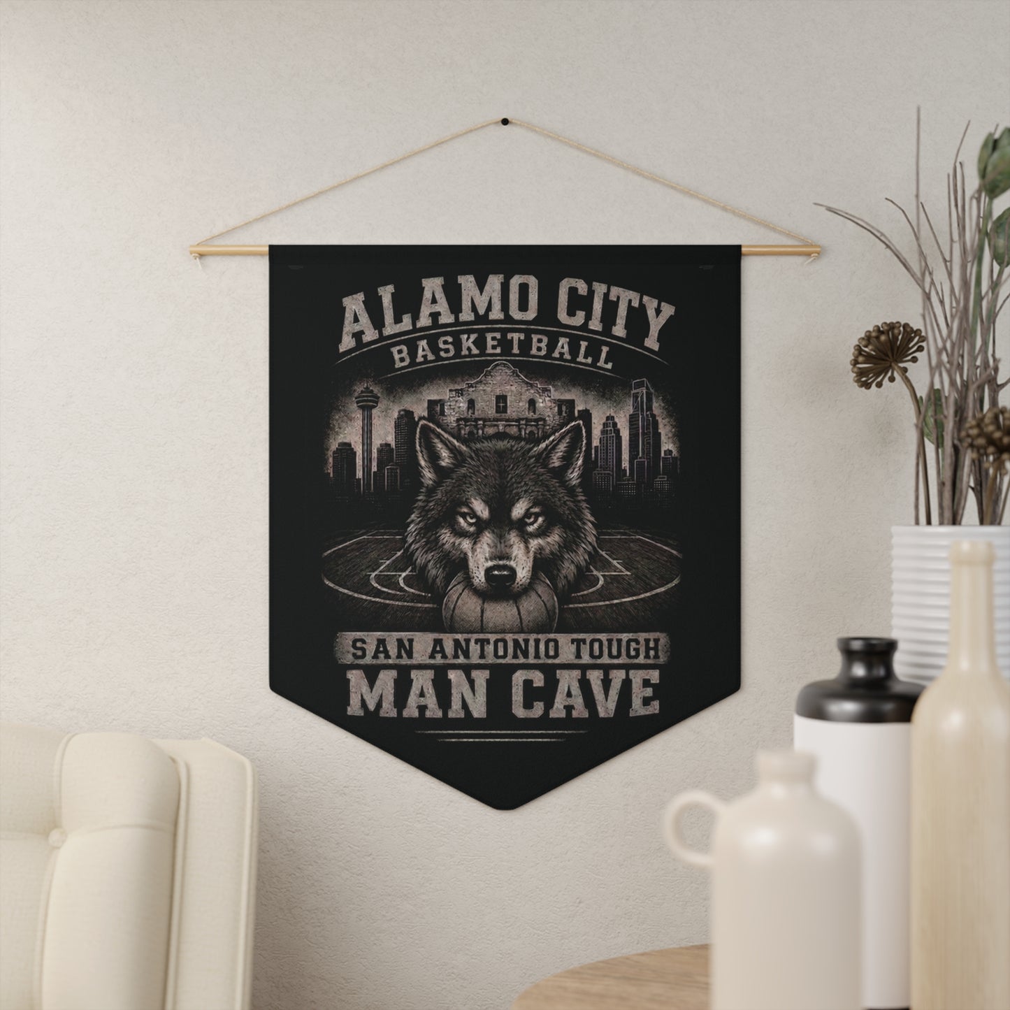 Alamo City Basketball Wolf Pennant Banner — Man Cave Wall Art